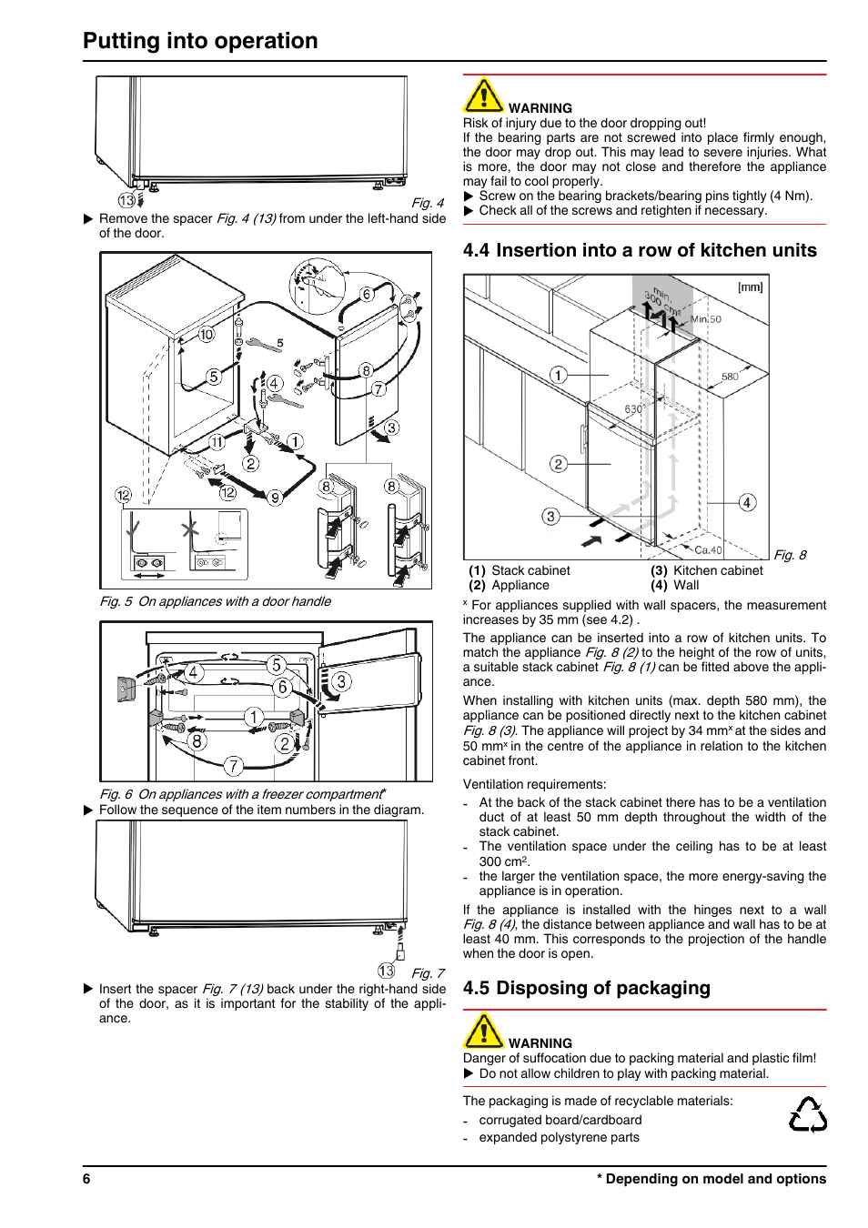 4insertion into a row of kitchen units, 5disposing of packaging, Putting into operation | 4 insertion into a row of kitchen units, 5 disposing of packaging | Liebherr TP 1760 Premium User Manual | Page 6 / 14