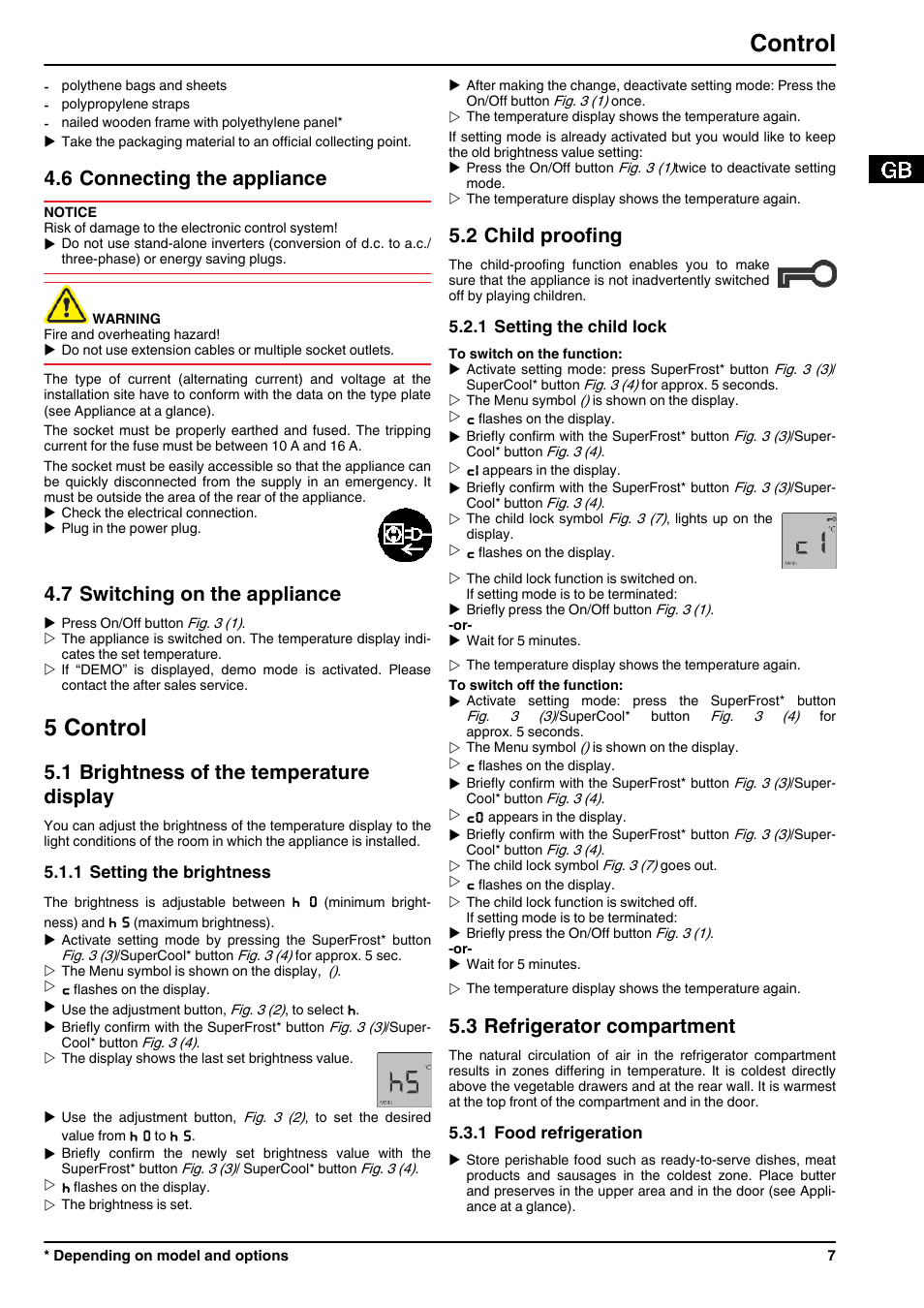 6connecting the appliance, 7switching on the appliance, 5control | 1brightness of the temperature display, 1setting the brightness, 2child proofing, 1setting the child lock, 3refrigerator compartment, 1food refrigeration, 5 control | Liebherr TP 1760 Premium User Manual | Page 7 / 14