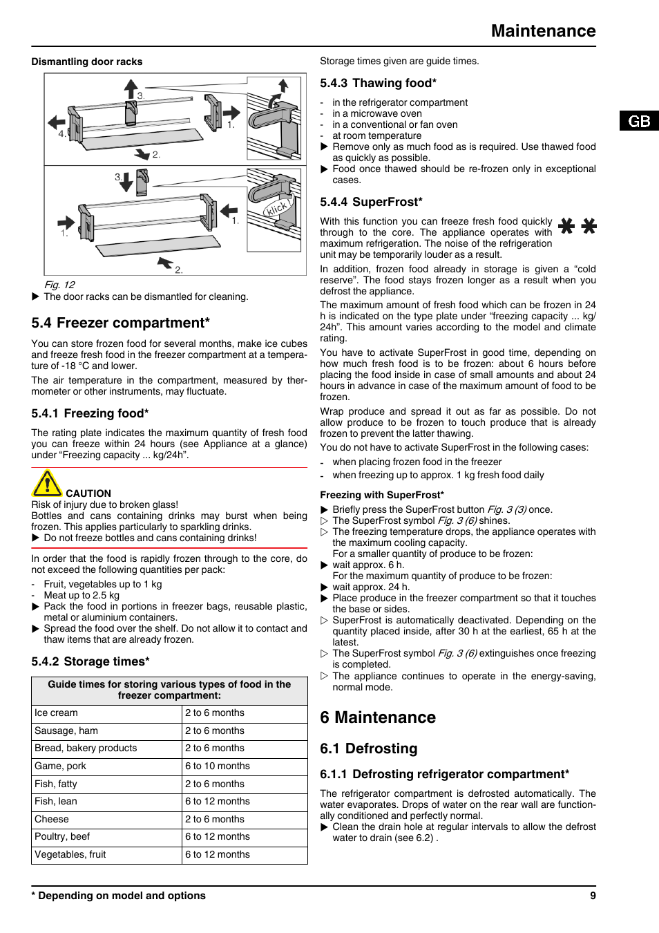 4freezer compartment, 1freezing food, 2storage times | 3thawing food, 4superfrost, 6maintenance, 1defrosting, 1defrosting refrigerator compartment, 6 maintenance, Maintenance | Liebherr TP 1760 Premium User Manual | Page 9 / 14