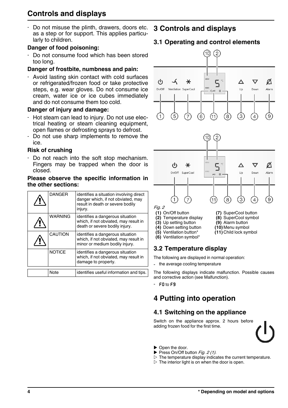 3controls and displays, 1operating and control elements, 2temperature display | 4putting into operation, 1switching on the appliance, 3 controls and displays, 4 putting into operation, Controls and displays, 1 operating and control elements, 2 temperature display | Liebherr IK 2750 Premium User Manual | Page 4 / 10