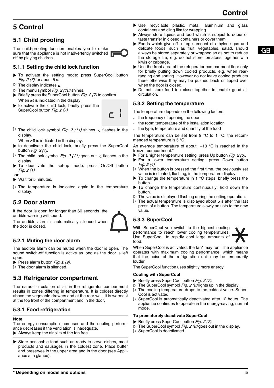 5control, 1child proofing, 1setting the child lock function | 2door alarm, 1muting the door alarm, 3refrigerator compartment, 1food refrigeration, 2setting the temperature, 3supercool, 5 control | Liebherr IK 2750 Premium User Manual | Page 5 / 10