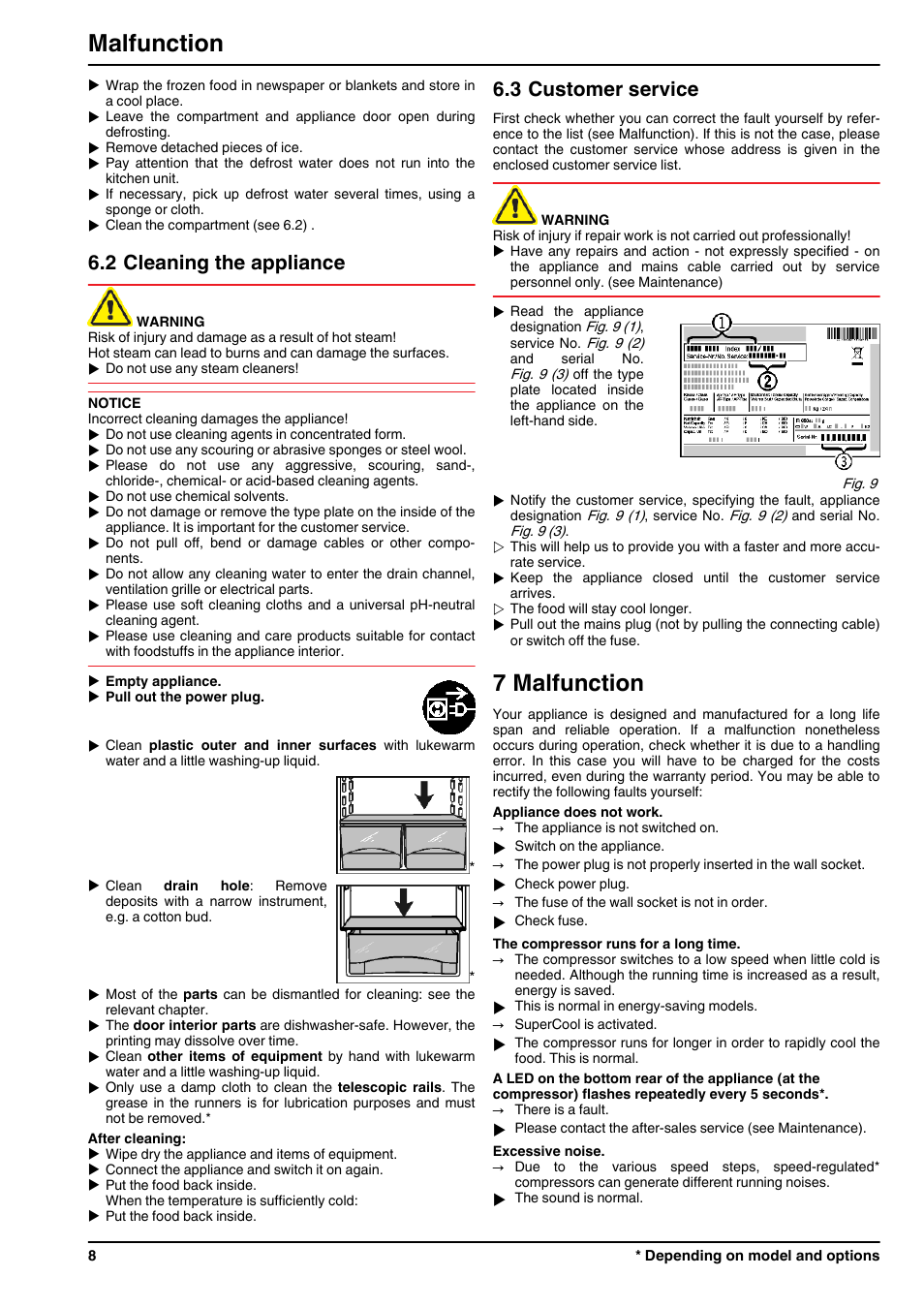 2cleaning the appliance, 3customer service, 7malfunction | 7 malfunction, Malfunction, 2 cleaning the appliance, 3 customer service | Liebherr IK 2750 Premium User Manual | Page 8 / 10