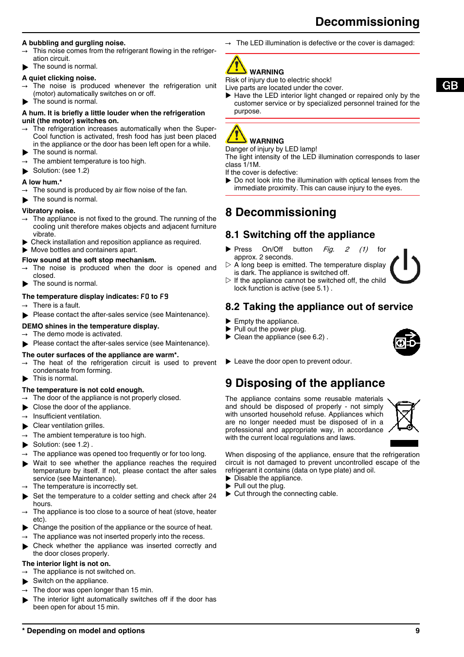 8decommissioning, 1switching off the appliance, 2taking the appliance out of service | 9disposing of the appliance, 8 decommissioning, 9 disposing of the appliance, Decommissioning, 1 switching off the appliance, 2 taking the appliance out of service | Liebherr IK 2750 Premium User Manual | Page 9 / 10
