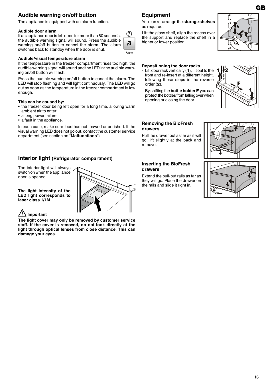 Audible warning on/off button, Equipment, Interior light | Liebherr CBNesf 5133 Comfort BioFresh NoFrost User Manual | Page 5 / 9