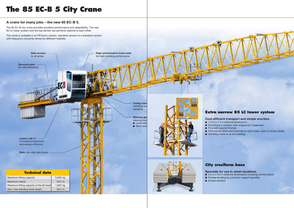 The 85 ec-b 5 city crane, The ec-b compact head, Even more benefits | 85 ec-b 5 flat-top crane, The city crane, Extra narrow 85 lc tower system, City cruciform base, Technical data | Liebherr 85 EC-B 5 User Manual | Page 2 / 4