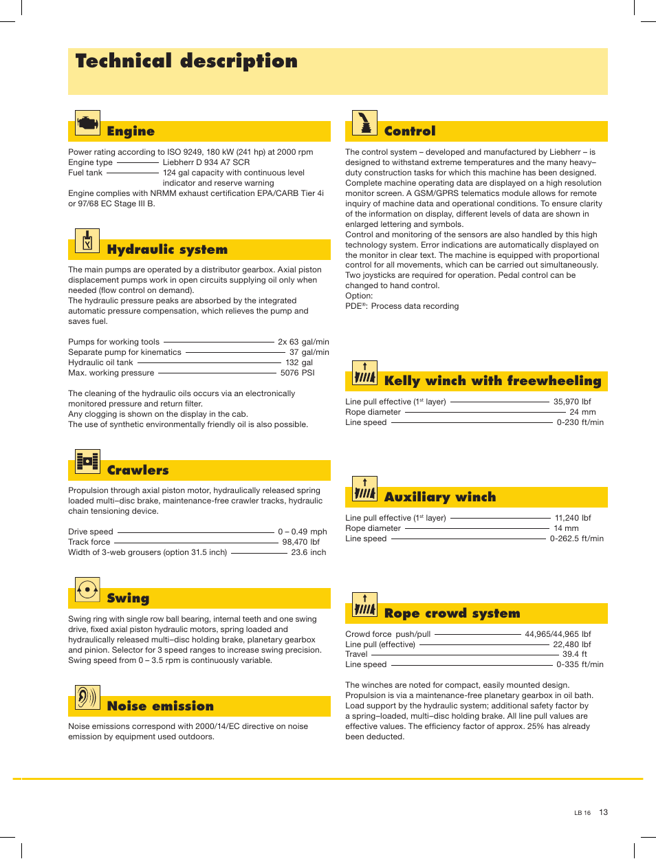 Technical description, Hydraulic system, Auxiliary winch | Crawlers, Control, Noise emission, Rope crowd system, Engine, Kelly winch with freewheeling, Swing | Liebherr LB 16 User Manual | Page 13 / 16