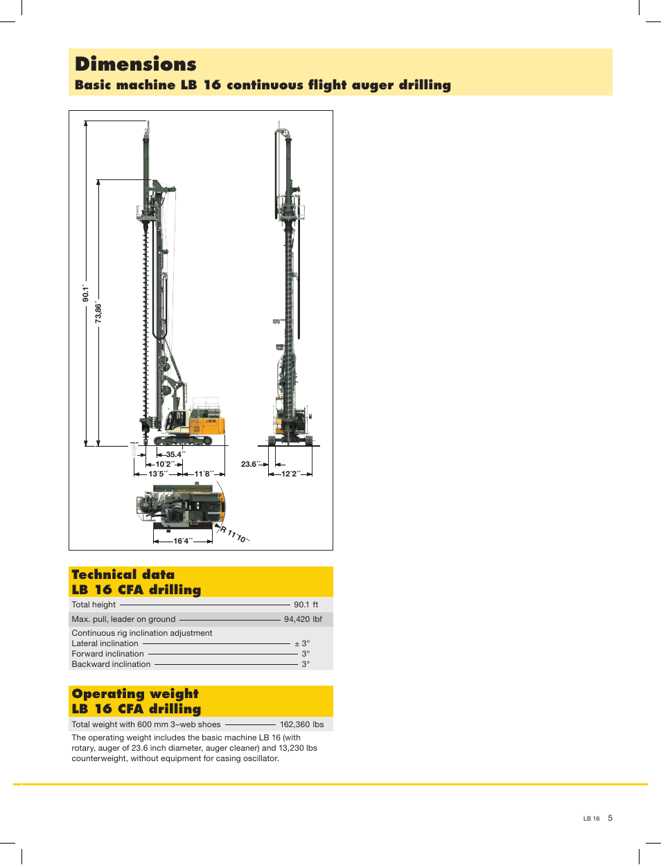 Dimensions, Operating weight lb 16 cfa drilling | Liebherr LB 16 User Manual | Page 5 / 16