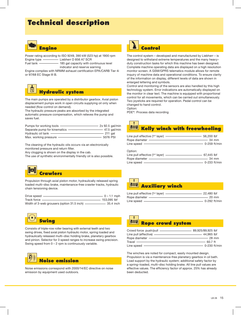 Technical description, Hydraulic system, Swing | Auxiliary winch, Crawlers, Control, Noise emission, Rope crowd system, Engine, Kelly winch with freewheeling | Liebherr LB 28 User Manual | Page 15 / 16