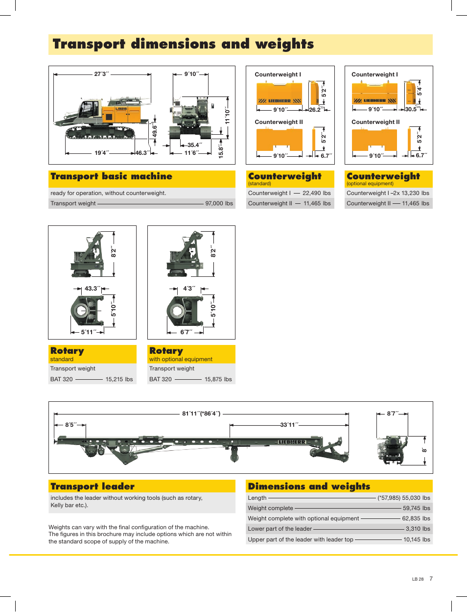 Transport dimensions and weights, Transport basic machine, Counterweight | Dimensions and weights, Transport leader, Rotary | Liebherr LB 28 User Manual | Page 7 / 16