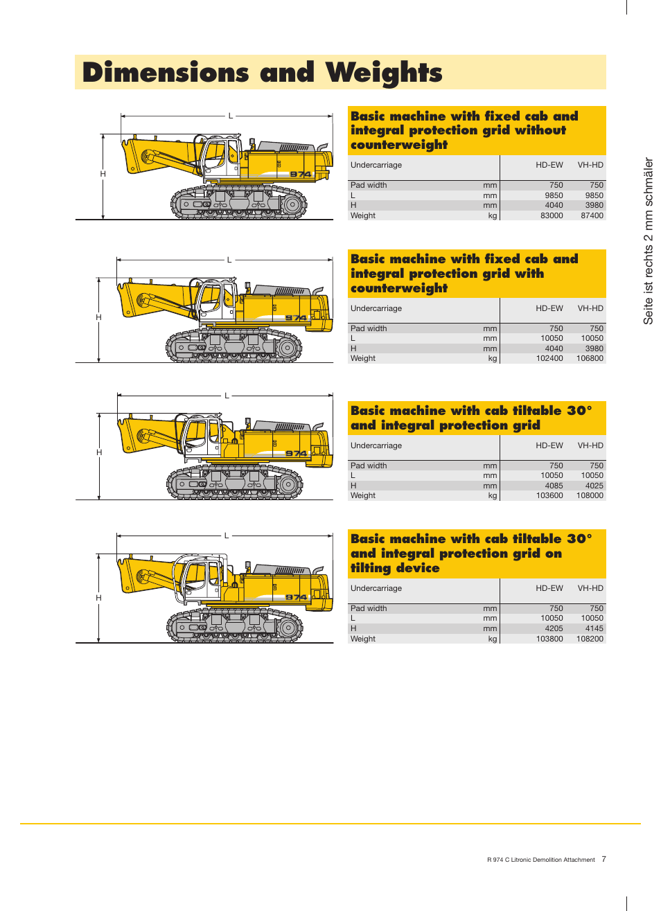 Dimensions and weights, Seite ist r echts 2 mm schmäler | Liebherr R 974 C Litronic Demolition User Manual | Page 7 / 10