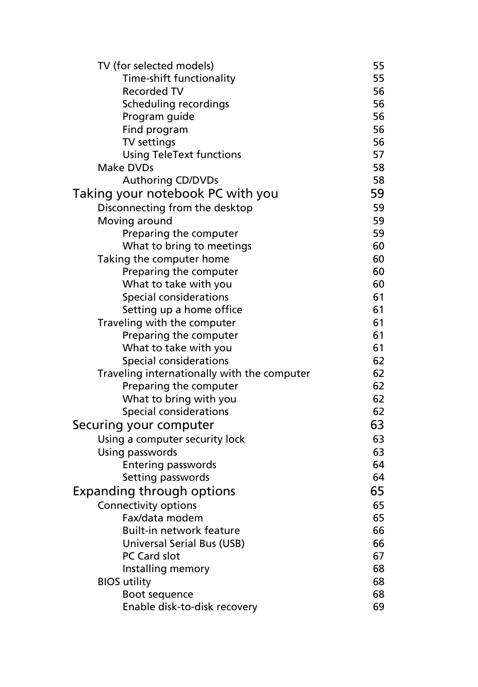 Securing your computer 63, Expanding through options 65 | Acer 5050 User Manual | Page 17 / 108