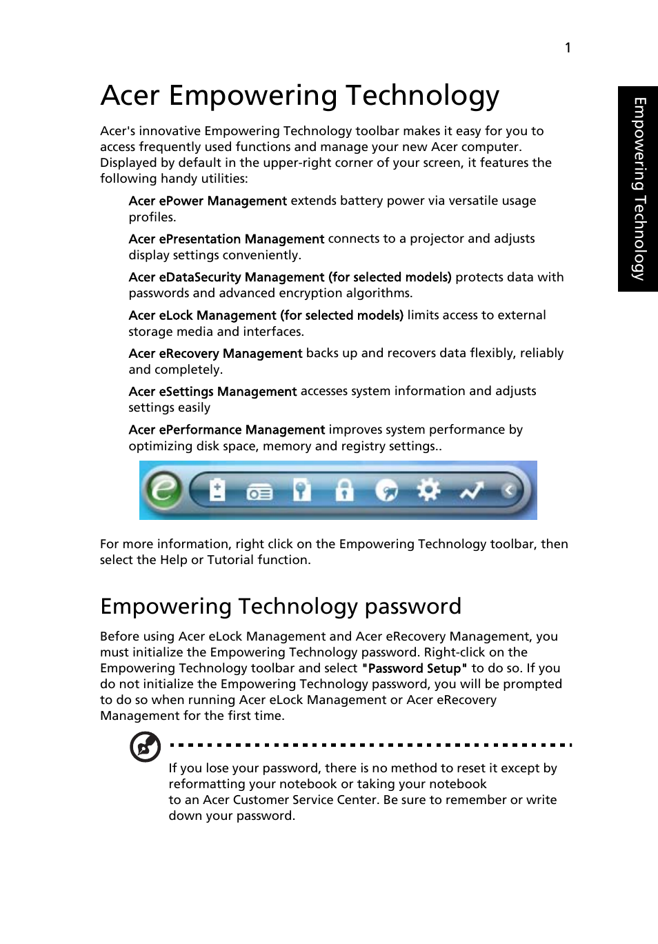 Acer empowering technology, Empowering technology password | Acer 5050 User Manual | Page 19 / 108