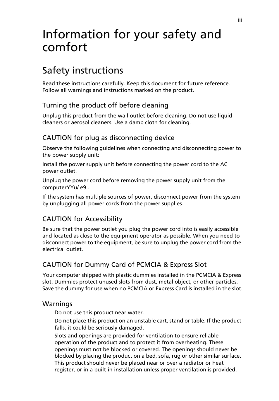 Information for your safety and comfort, Safety instructions | Acer 5050 User Manual | Page 3 / 108