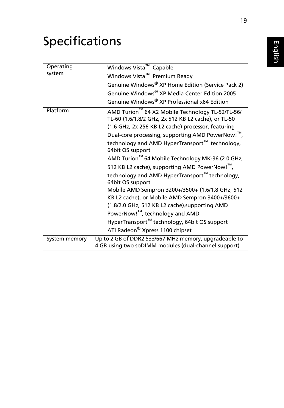 Specifications, Eng lis h | Acer 5050 User Manual | Page 37 / 108