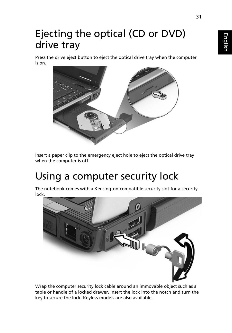 Ejecting the optical (cd or dvd) drive tray, Using a computer security lock | Acer 5050 User Manual | Page 49 / 108