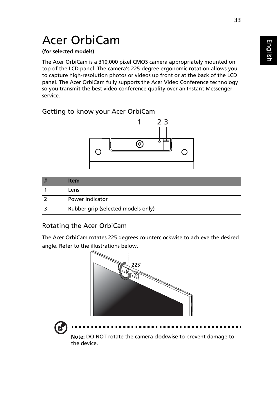 Acer orbicam (for selected models), Acer orbicam | Acer 5050 User Manual | Page 51 / 108