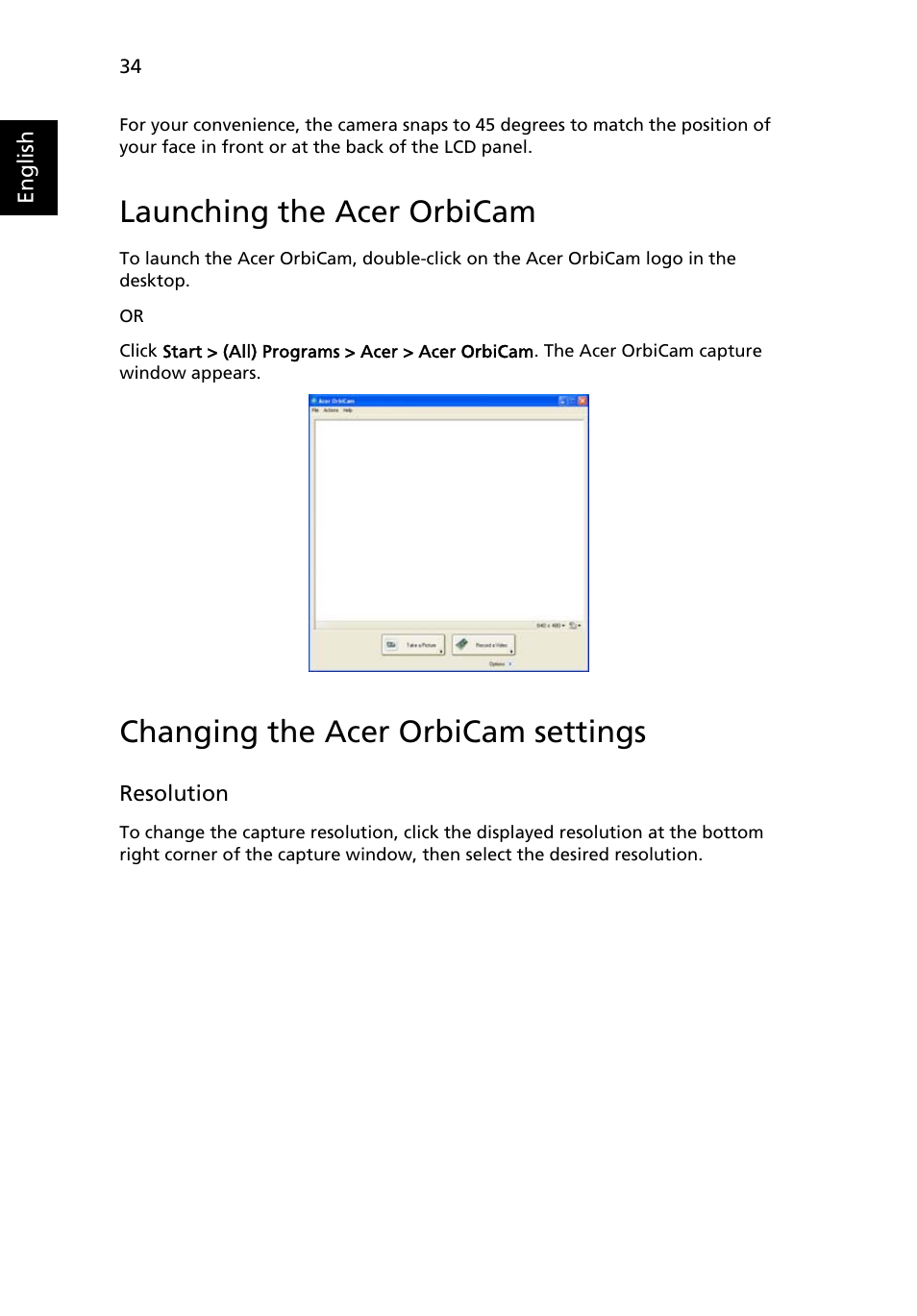 Launching the acer orbicam, Changing the acer orbicam settings | Acer 5050 User Manual | Page 52 / 108