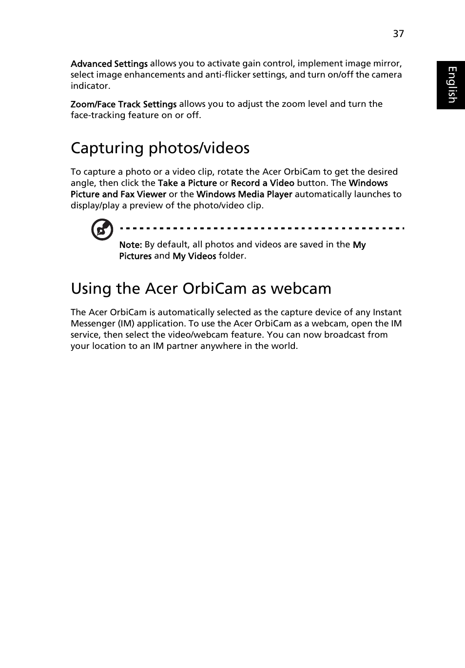 Capturing photos/videos, Using the acer orbicam as webcam | Acer 5050 User Manual | Page 55 / 108