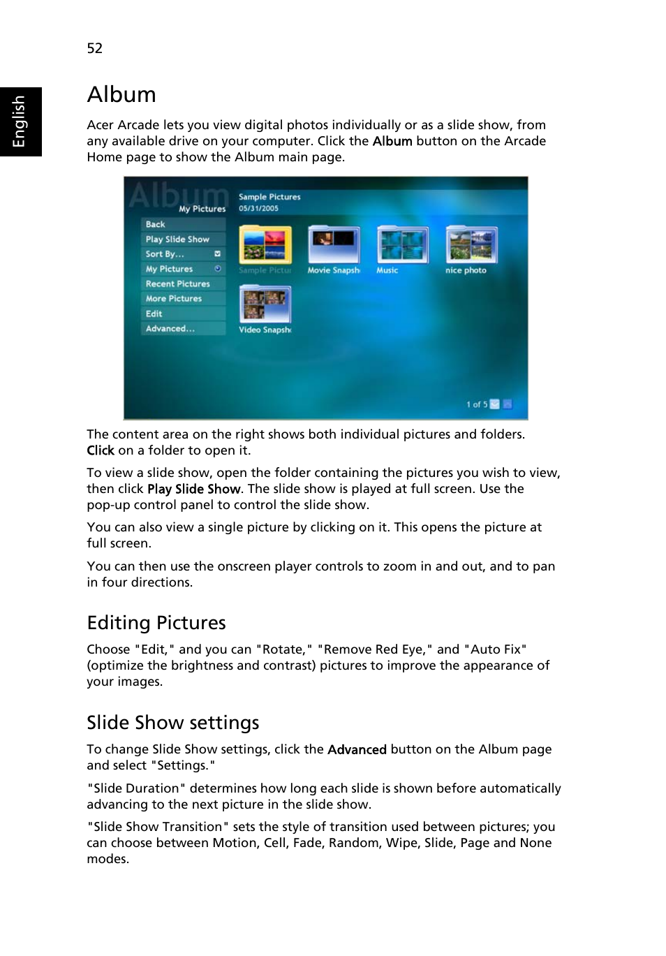 Album, Editing pictures, Slide show settings | Acer 5050 User Manual | Page 70 / 108