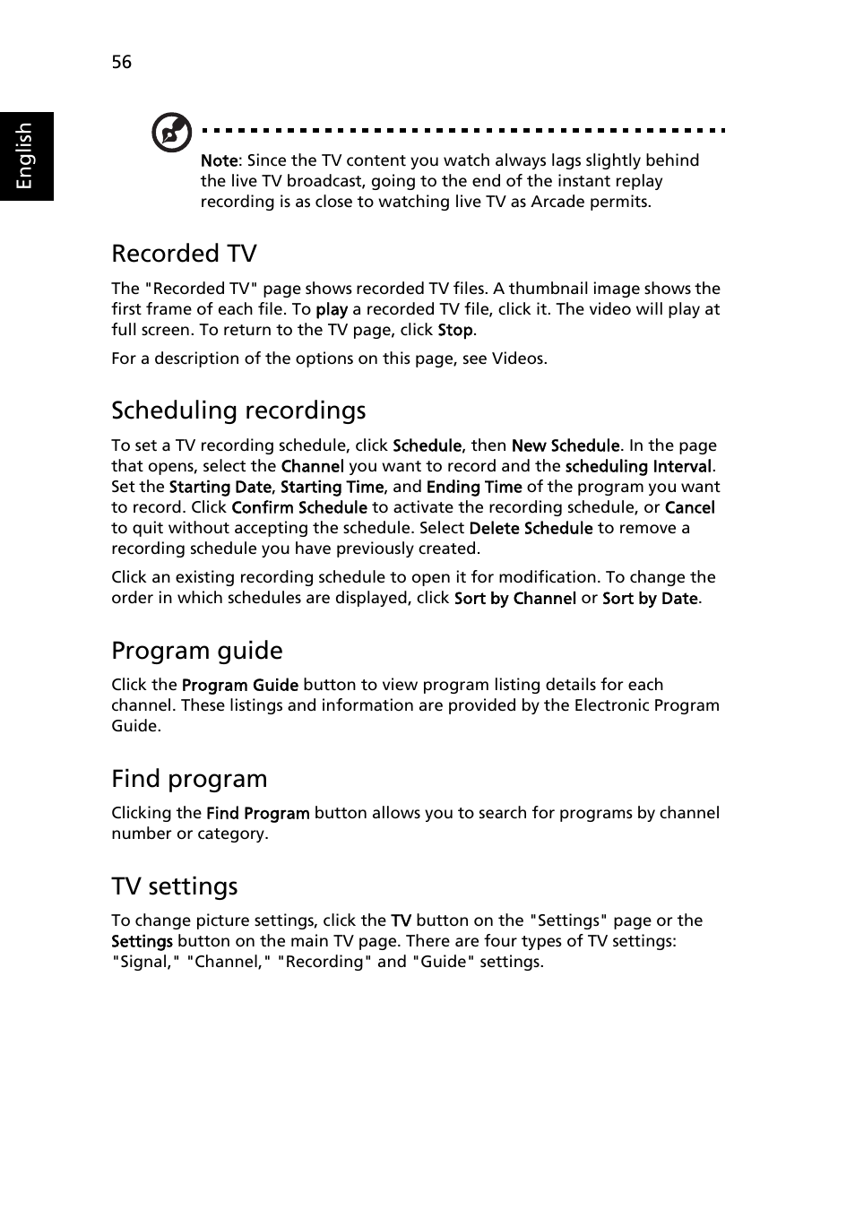 Recorded tv, Scheduling recordings, Program guide | Find program, Tv settings | Acer 5050 User Manual | Page 74 / 108
