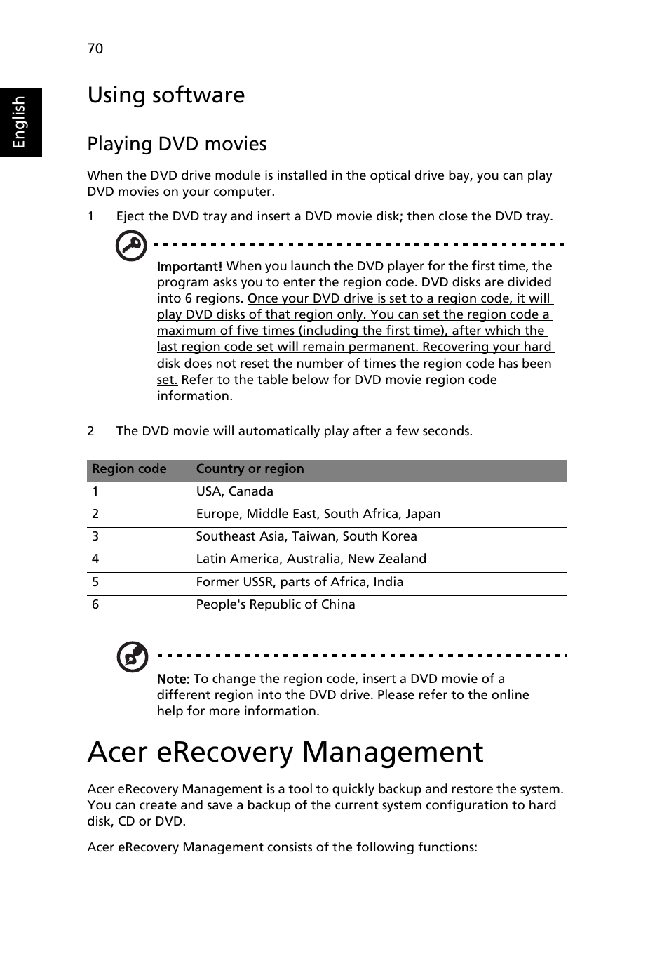 Using software, Acer erecovery management, Playing dvd movies | Acer 5050 User Manual | Page 88 / 108