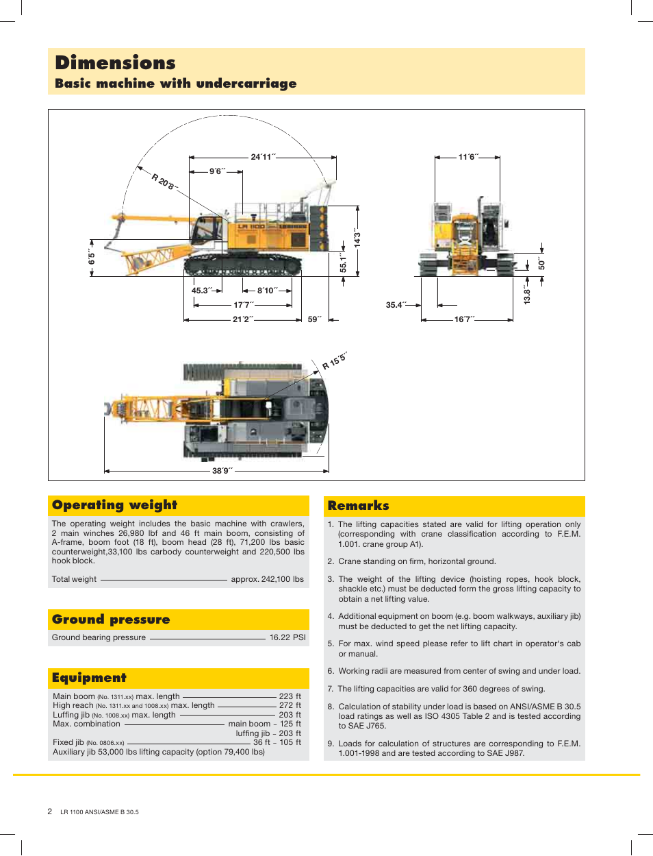 Dimensions, Basic machine with undercarriage, Operating weight | Ground pressure, Equipment, Remarks | Liebherr LR 1100 User Manual | Page 2 / 32