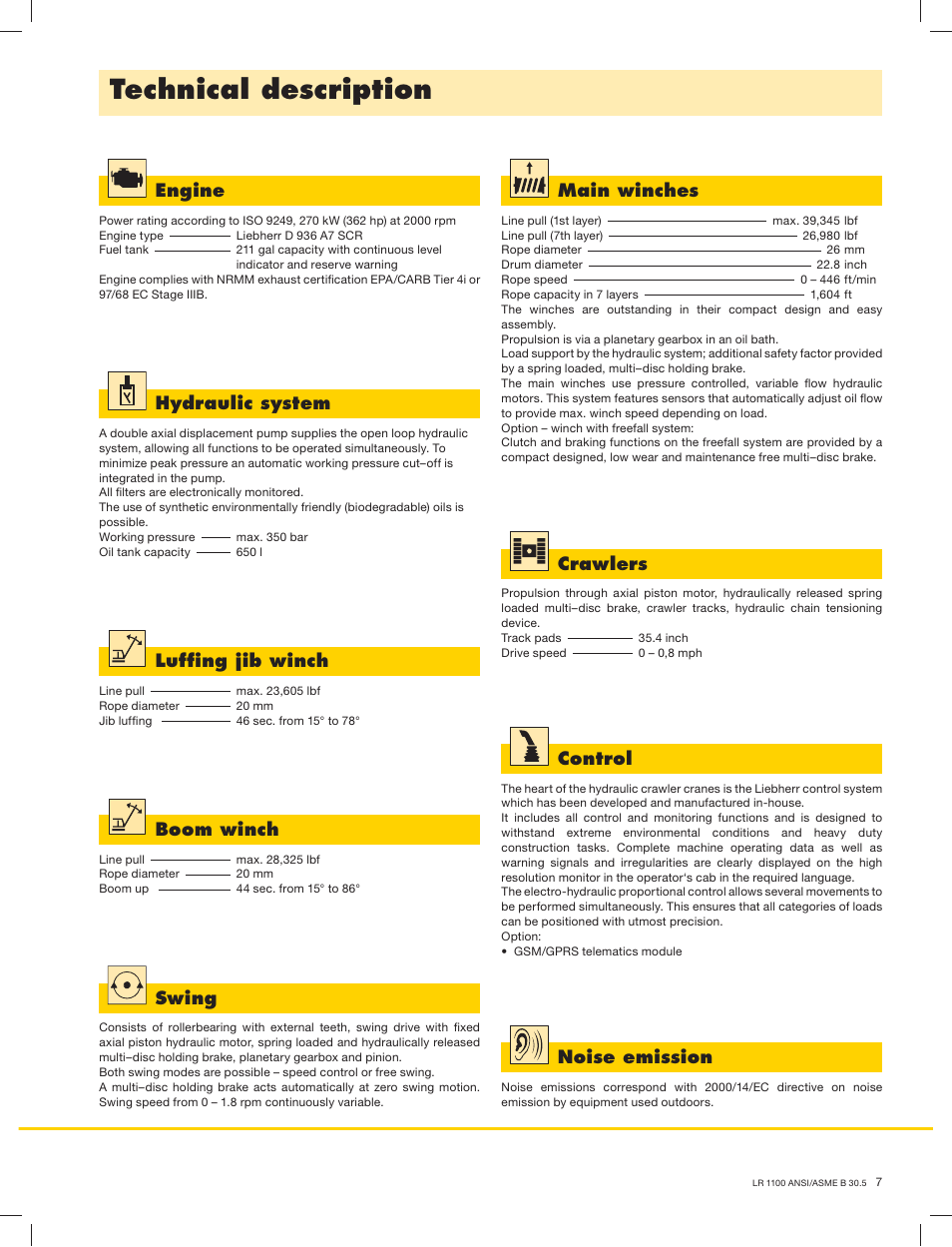 Technical description, Engine, Lufﬁng jib winch | Boom winch, Swing, Main winches, Crawlers, Control, Noise emission, Hydraulic system | Liebherr LR 1100 User Manual | Page 7 / 32