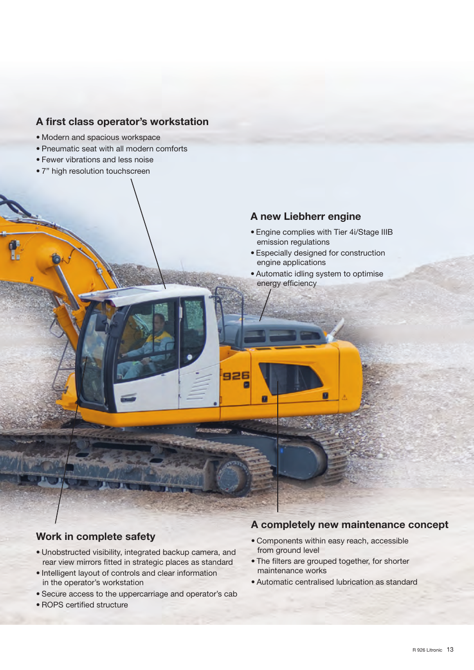 A first class operator’s workstation, Work in complete safety, A new liebherr engine | A completely new maintenance concept | Liebherr R 926 User Manual | Page 13 / 28