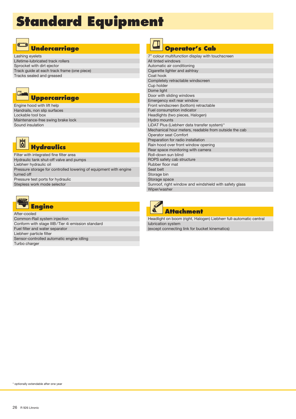 Standard equipment | Liebherr R 926 User Manual | Page 26 / 28