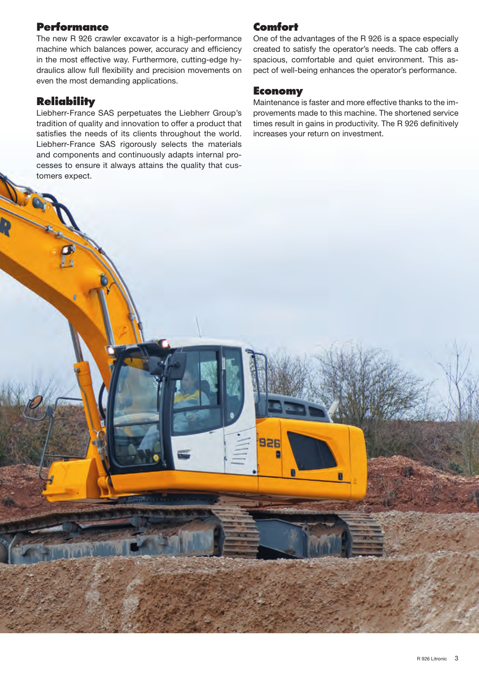 Comfort, Economy, Performance | Reliability | Liebherr R 926 User Manual | Page 3 / 28