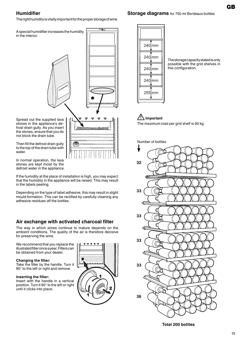 Storage diagrams, Air exchange with activated charcoal filter, Humidifier | Liebherr WTb 4212 Vinothek User Manual | Page 7 / 9