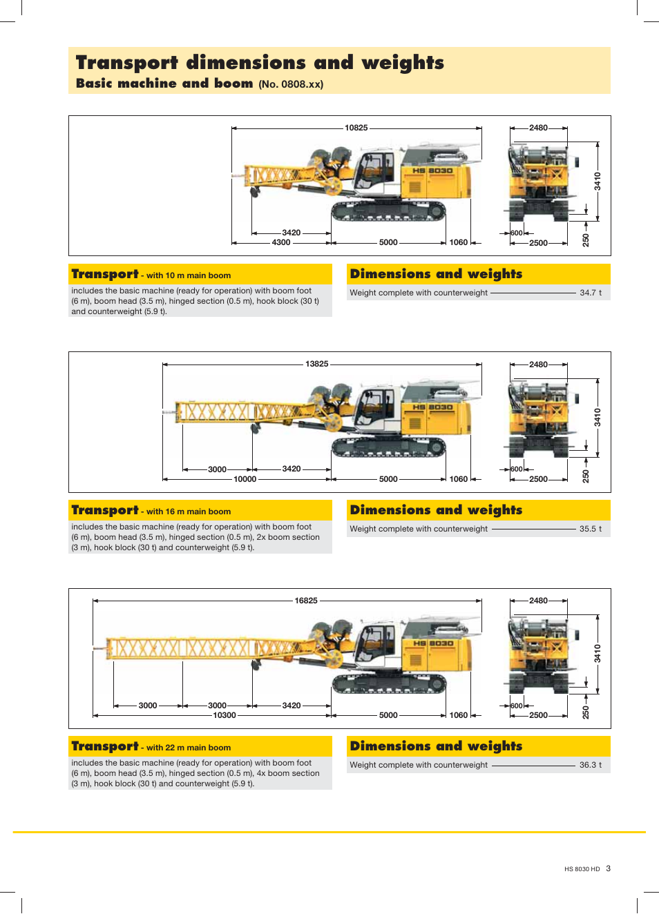 Transport dimensions and weights, Basic machine and boom, Dimensions and weights | Transport | Liebherr HS 8030 HD Litronic User Manual | Page 3 / 12