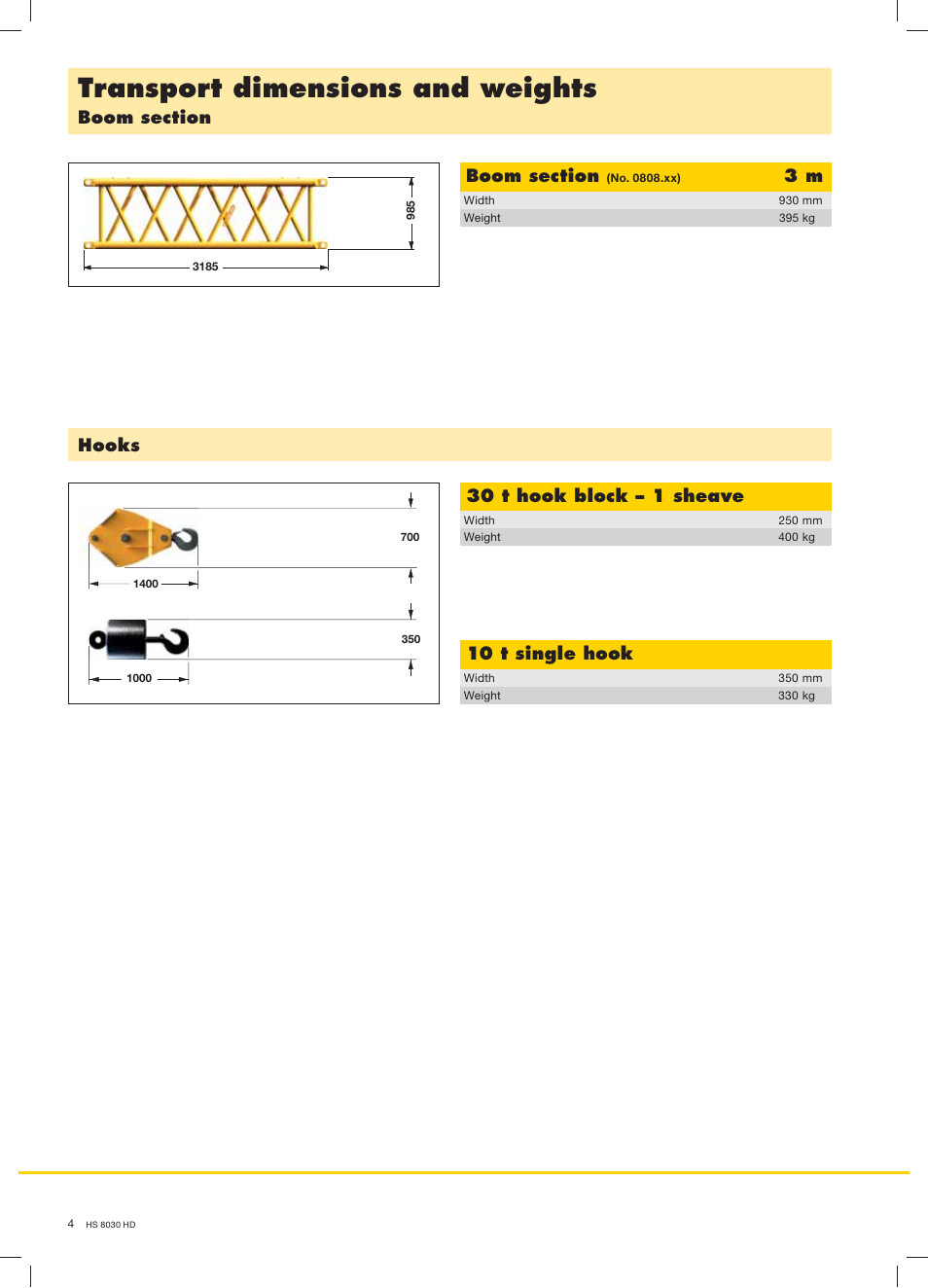 Transport dimensions and weights, Hooks, 30 t hook block – 1 sheave | 10 t single hook | Liebherr HS 8030 HD Litronic User Manual | Page 4 / 12