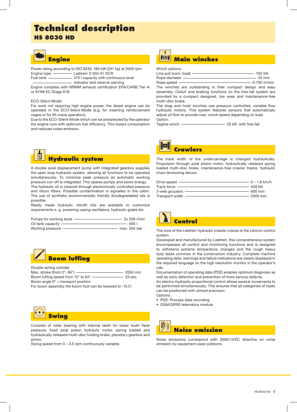 Technical description, Hs 8030 hd engine, Main winches | Crawlers, Control, Noise emission, Hydraulic system, Swing, Boom lufﬁng | Liebherr HS 8030 HD Litronic User Manual | Page 5 / 12
