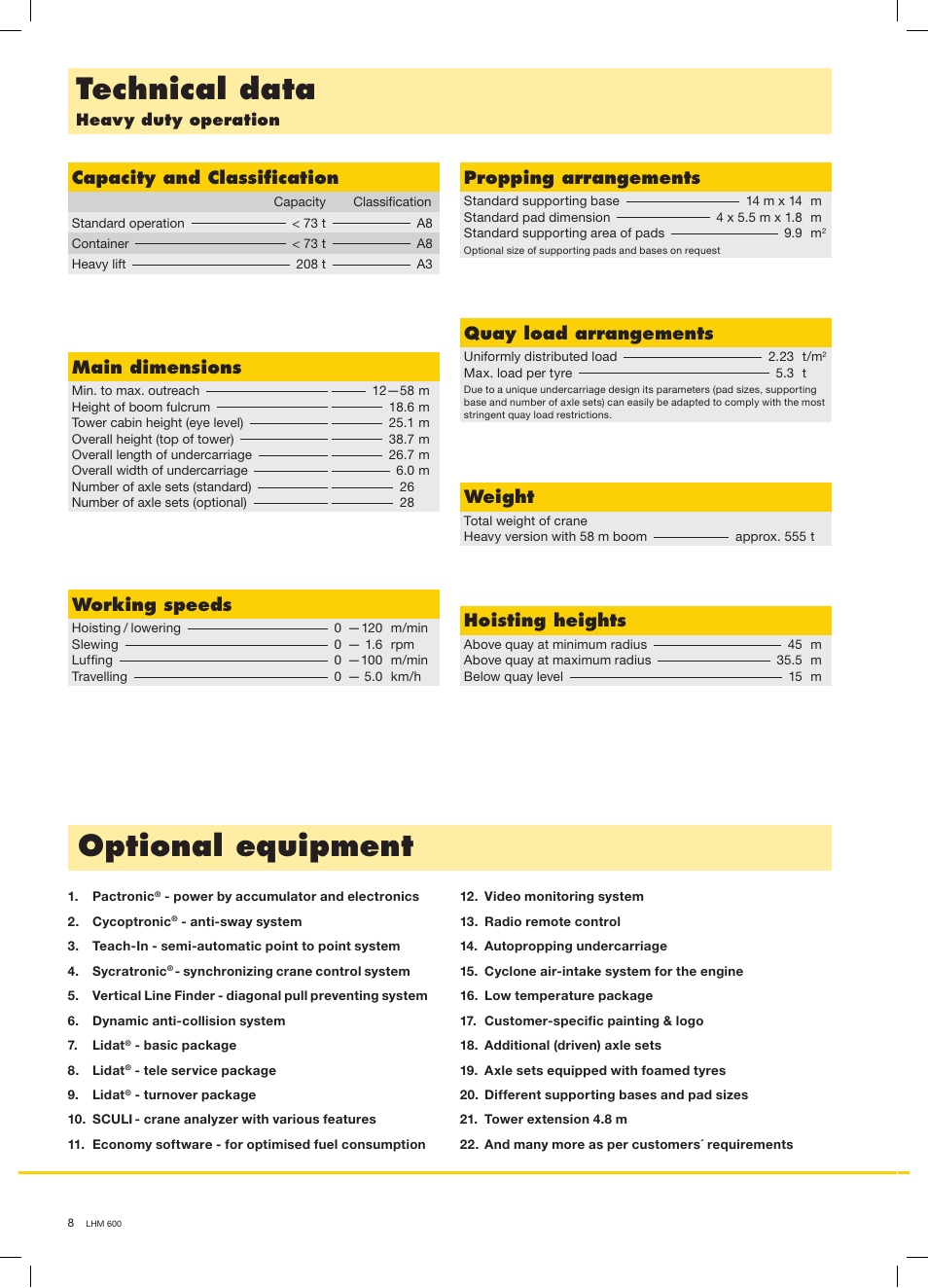 Technical data, Optional equipment, Propping arrangements | Quay load arrangements, Capacity and classification, Working speeds, Hoisting heights, Main dimensions, Weight | Liebherr LHM 600 User Manual | Page 8 / 12