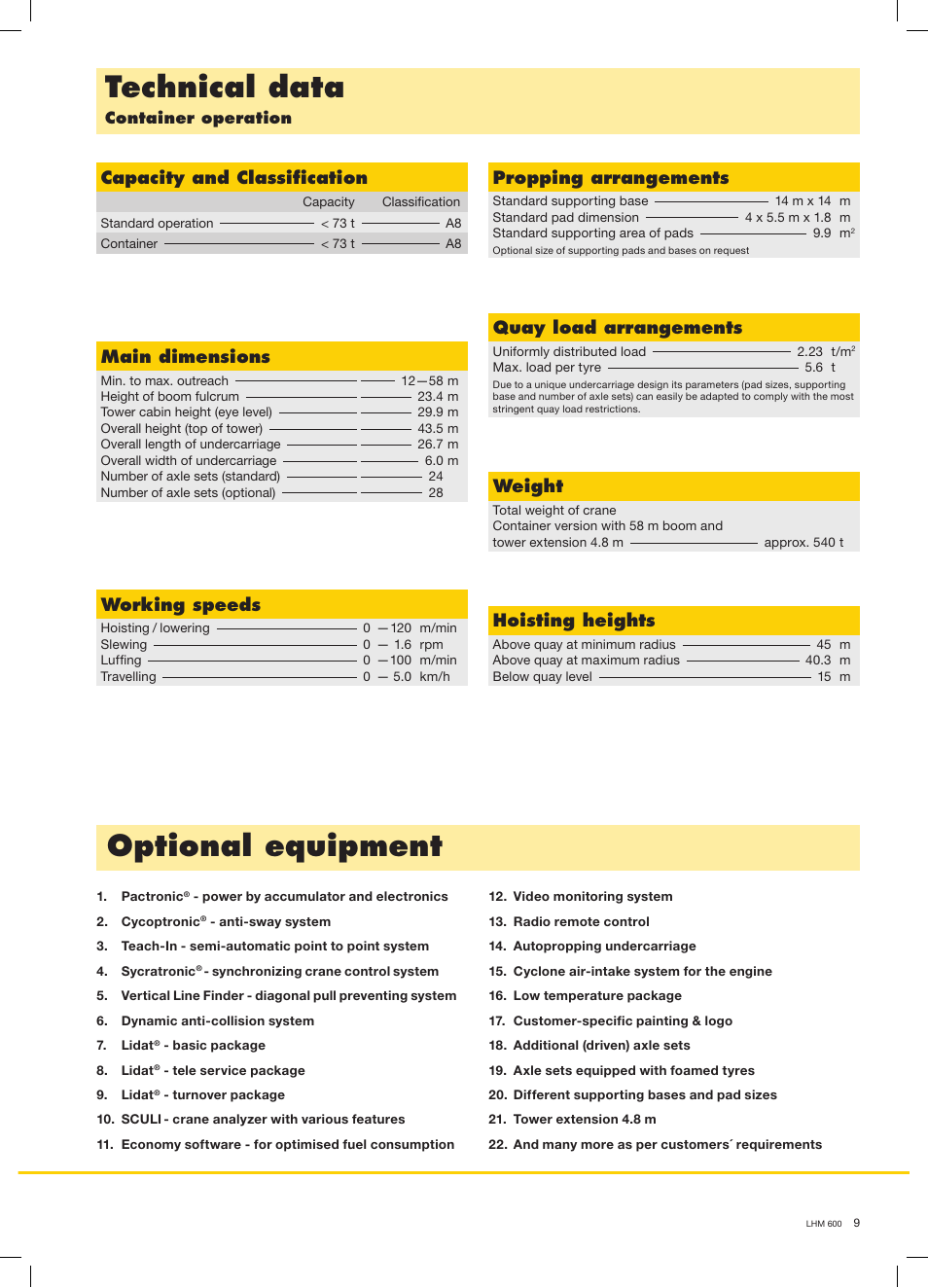 Technical data, Optional equipment, Propping arrangements | Quay load arrangements, Capacity and classification, Working speeds, Hoisting heights, Main dimensions, Weight | Liebherr LHM 600 User Manual | Page 9 / 12