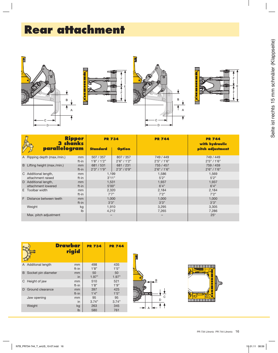 Rear attachment, Drawbar, Rigid | Ripper, 3 shanks, Parallelogram, Seite ist rechts 15 mm schmäler (klappseite) | Liebherr PR 744 Litronic User Manual | Page 16 / 18