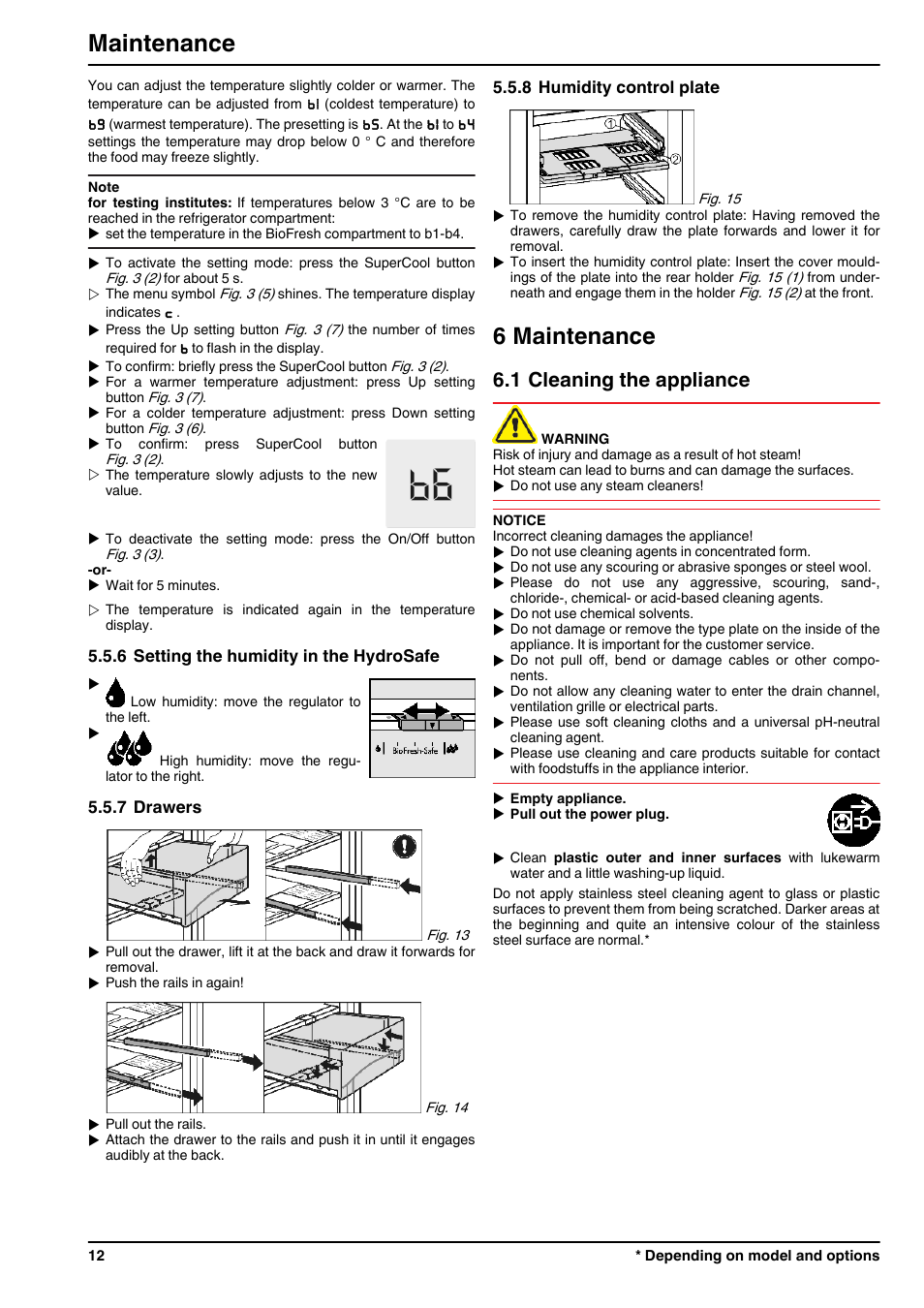6setting the humidity in the hydrosafe, 7drawers, 8humidity control plate | 6maintenance, 1cleaning the appliance, See 6.1), 6 maintenance, Maintenance, 1 cleaning the appliance | Liebherr KBes 4260 Premium BioFresh User Manual | Page 12 / 16