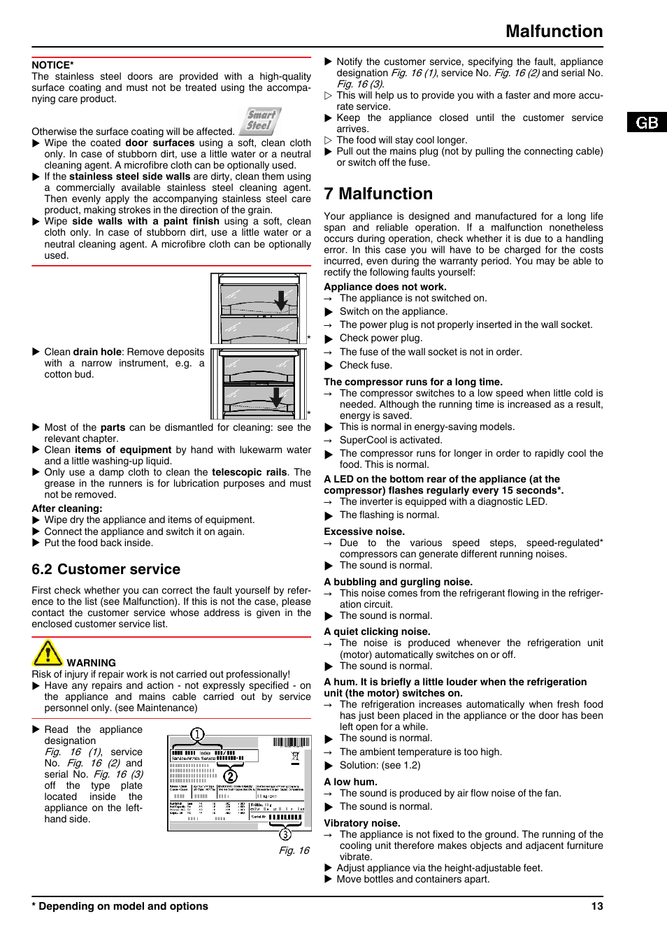 2customer service, 7malfunction, 7 malfunction | Malfunction, 2 customer service | Liebherr KBes 4260 Premium BioFresh User Manual | Page 13 / 16