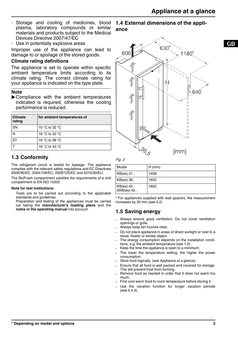 3conformity, 4external dimensions of the appliance, 5saving energy | Appliance at a glance, 3 conformity, 4 external dimensions of the appli- ance, 5 saving energy | Liebherr KBes 4260 Premium BioFresh User Manual | Page 3 / 16
