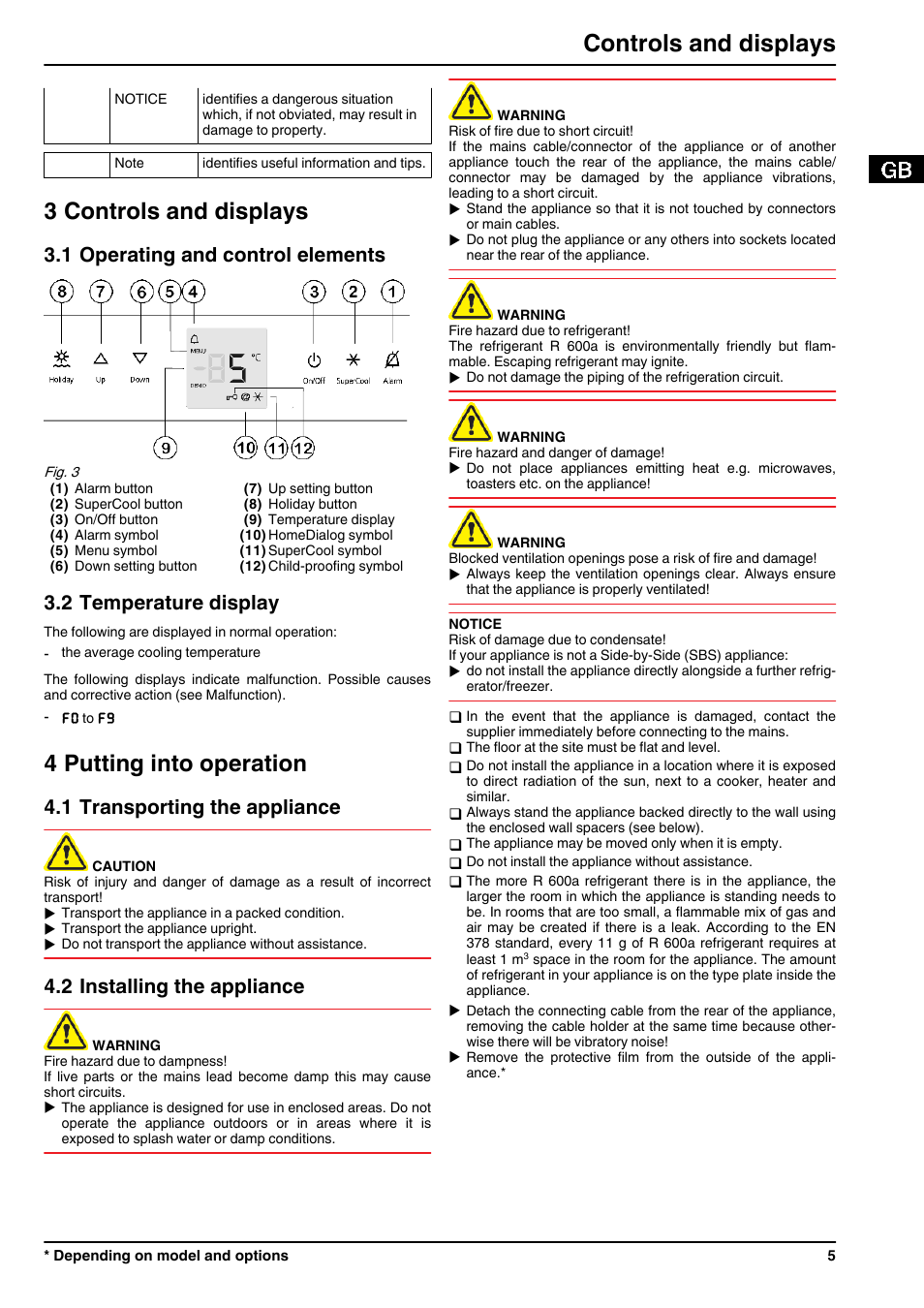 3controls and displays, 1operating and control elements, 2temperature display | 4putting into operation, 1transporting the appliance, 2installing the appliance, 3 controls and displays, 4 putting into operation, Controls and displays, 1 operating and control elements | Liebherr KBes 4260 Premium BioFresh User Manual | Page 5 / 16