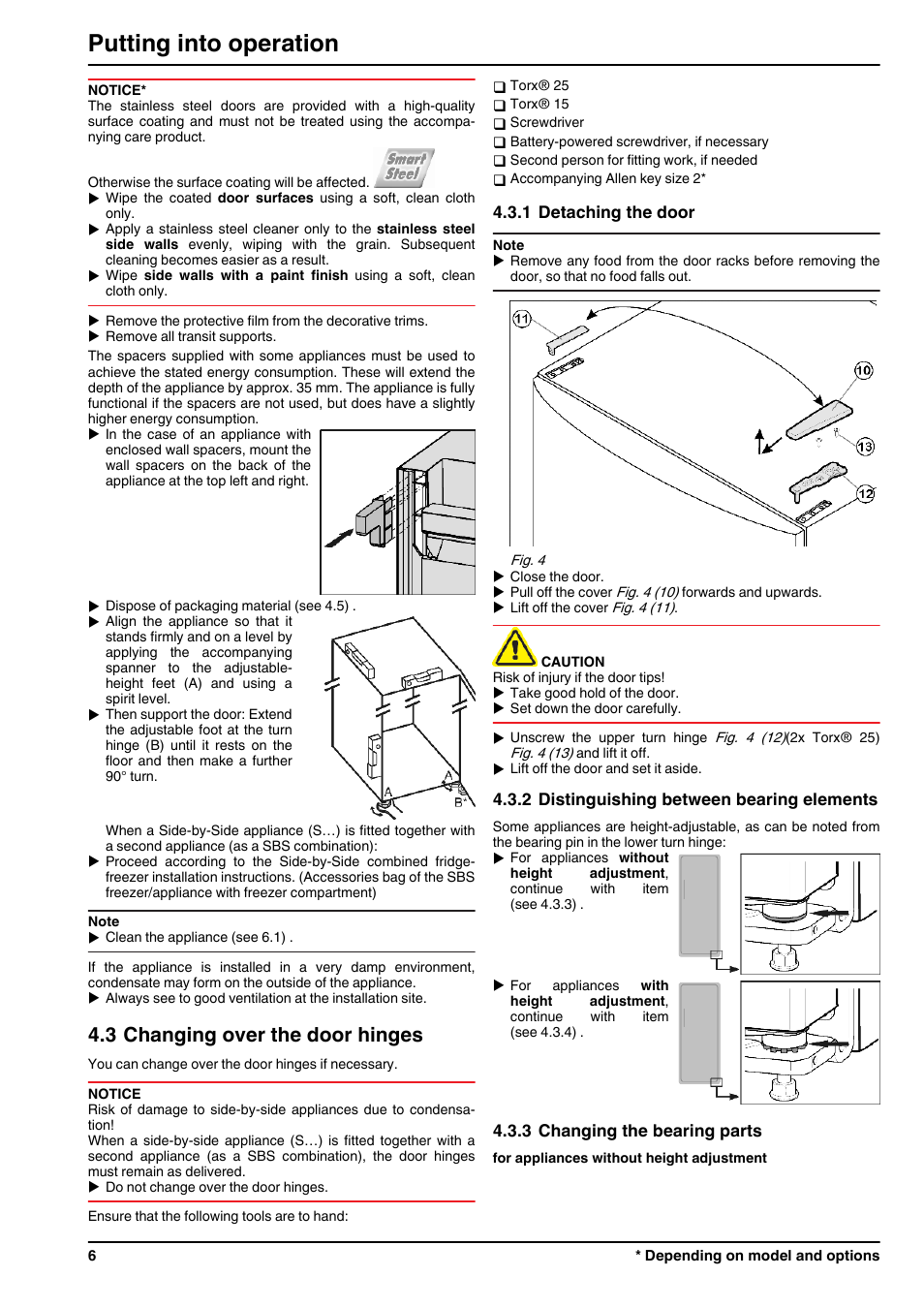 3changing over the door hinges, 1detaching the door, 2distinguishing between bearing elements | 3changing the bearing parts, Putting into operation, 3 changing over the door hinges | Liebherr KBes 4260 Premium BioFresh User Manual | Page 6 / 16