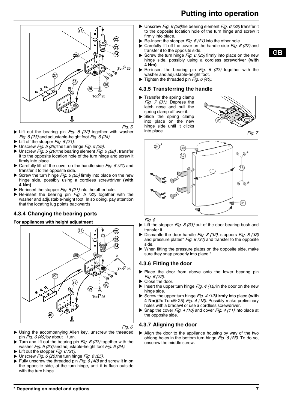 4changing the bearing parts, 5transferring the handle, 6fitting the door | 7aligning the door, See 4.3.4), Putting into operation | Liebherr KBes 4260 Premium BioFresh User Manual | Page 7 / 16