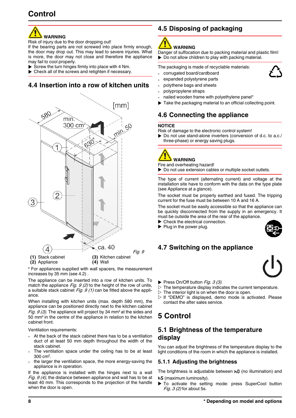 4insertion into a row of kitchen units, 5disposing of packaging, 6connecting the appliance | 7switching on the appliance, 5control, 1brightness of the temperature display, 1adjusting the brightness, See 4.5), 5 control, Control | Liebherr KBes 4260 Premium BioFresh User Manual | Page 8 / 16
