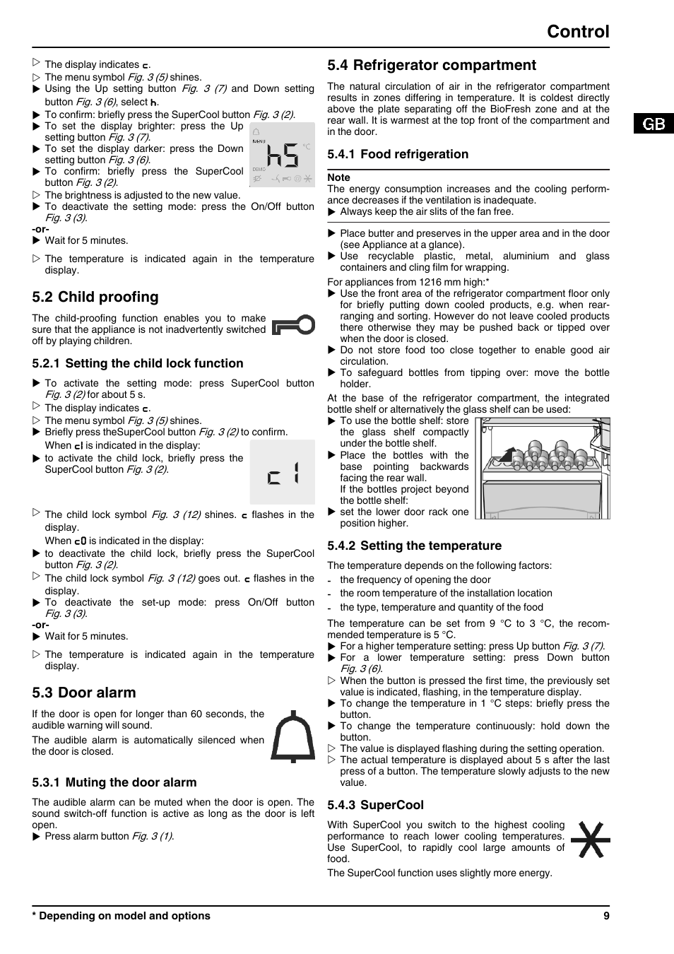 2child proofing, 1setting the child lock function, 3door alarm | 1muting the door alarm, 4refrigerator compartment, 1food refrigeration, 2setting the temperature, 3supercool, Control, 2 child proofing | Liebherr KBes 4260 Premium BioFresh User Manual | Page 9 / 16