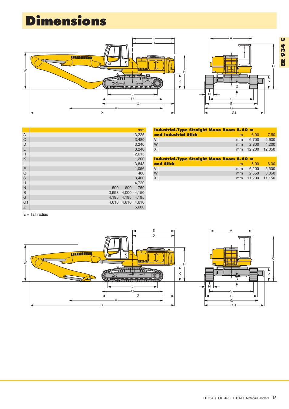 Dimensions, Er 9 3 4 c | Liebherr ER 954 C Material Handler User Manual | Page 15 / 36