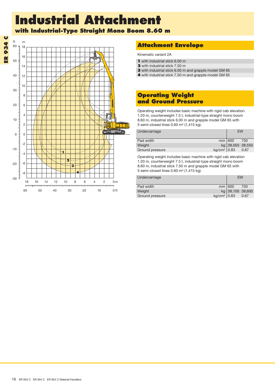 Industrial attachment, With industrial-type straight mono boom 8.60 m, Attachment envelope | Operating weight and ground pressure, Er 9 3 4 c | Liebherr ER 954 C Material Handler User Manual | Page 16 / 36