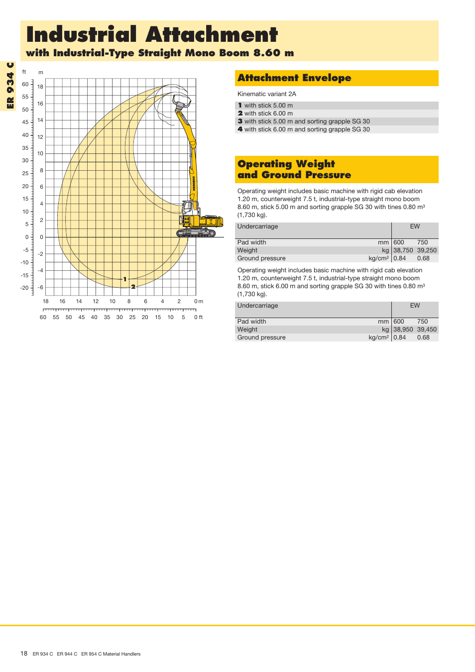 Industrial attachment, With industrial-type straight mono boom 8.60 m, Attachment envelope | Operating weight and ground pressure, Er 9 3 4 c | Liebherr ER 954 C Material Handler User Manual | Page 18 / 36