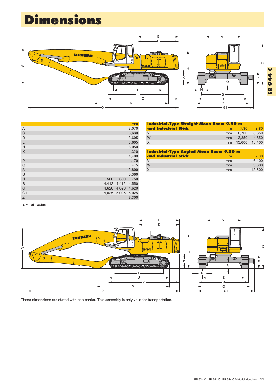 Dimensions, Er 9 4 4 c | Liebherr ER 954 C Material Handler User Manual | Page 21 / 36