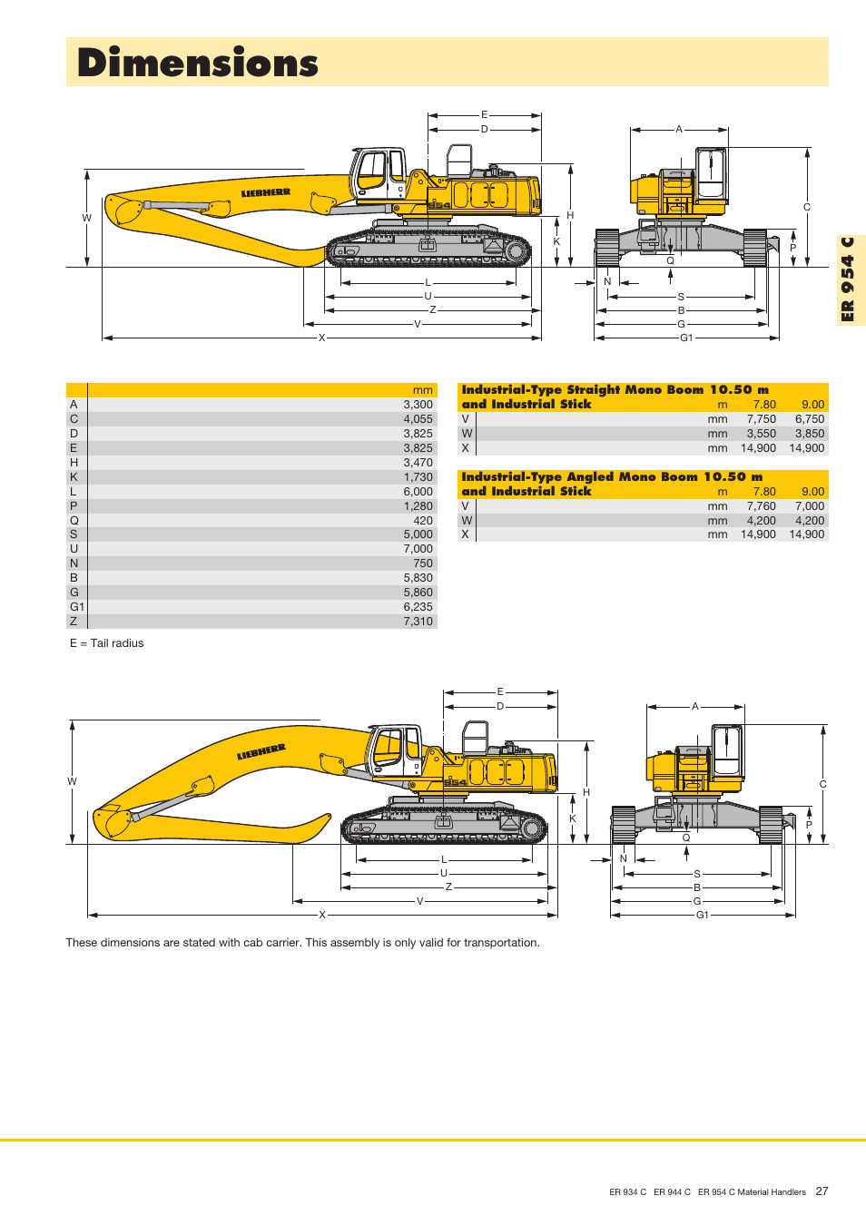 Dimensions, Er 9 5 4 c | Liebherr ER 954 C Material Handler User Manual | Page 27 / 36